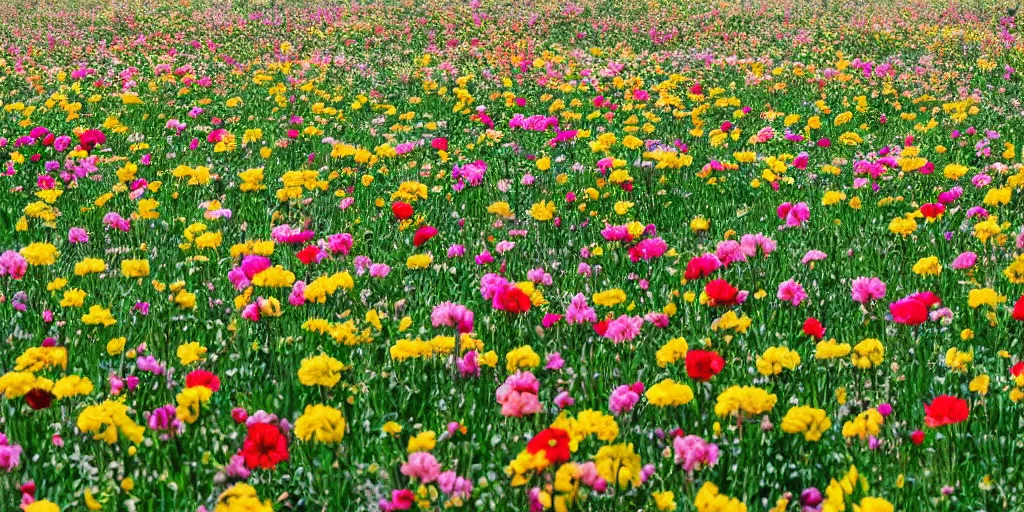 Image similar to on a sunny day, a field full of flowers, in the style of wes anderson