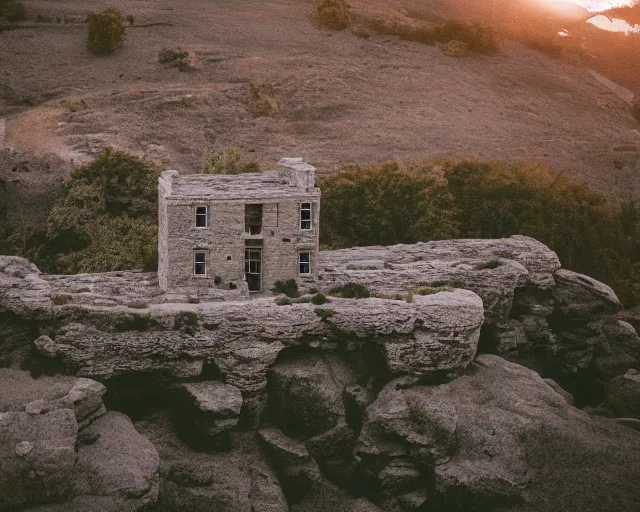 Prompt: house made of stone, on a cliff, sunrise, 3 5 mm photography