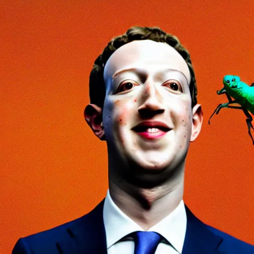 Image similar to UHD photorealistic zuckerberg with chameleon eyes, sitting in a dark room lit be a lava lamp looking at a fly on a wall