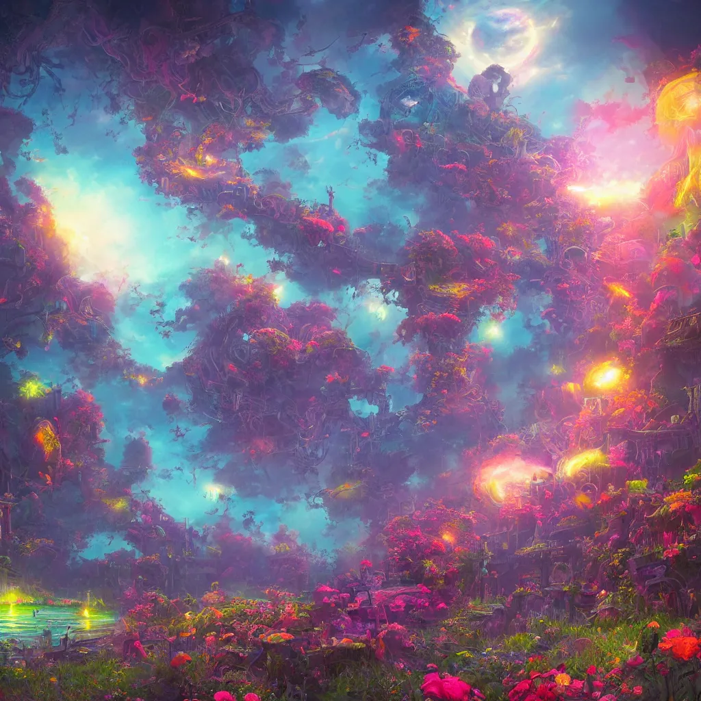 Prompt: digital illustration, a world full of life divine thrill of the biological tranquil sky, atoms floating gothic harts, flowers, in the style of greg rutkowski and lisa frank hr giger, bright color splashes, high detailed 8 k