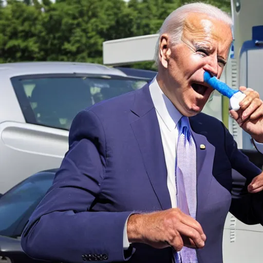 Image similar to joe biden at the gas station pumping gas into his mouth