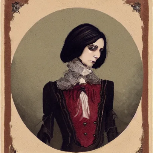 Image similar to head and shoulder professional portrait of a victorian female vampire, painted in the style of bloodborne, muted colors, vampire fashion, highly detailed, melancholy, vampire teeth