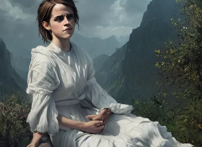 Image similar to emma watson the real god, watching the earth. epic cinematic hyperrealism masterpiece. realistic poster with shaded lighting by craig mallismo, artgerm, jeremy lipkin and michael garmash, unreal engine, radiant light, detailed and complex environment, octane photoreal 3 d render, art station trends