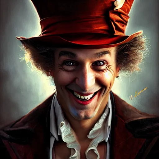 Prompt: The Madhatter, digital painting, lots of details, extremely detailed, 4k, intricate, brush strokes, Mark Arian, Artgerm, Bastien Lecouffe-Deharme