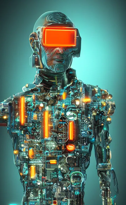 Prompt: a beautiful!! photo of a middle - aged!! bionic!! male!! cyborg, cyberpunk, circuit boards, electronic components, augmented vision, volumetric light, photography, dystopian, extremely detailed, photorealistic!, stunning, digital art trending on artstation, orange, cyan, washed out colors