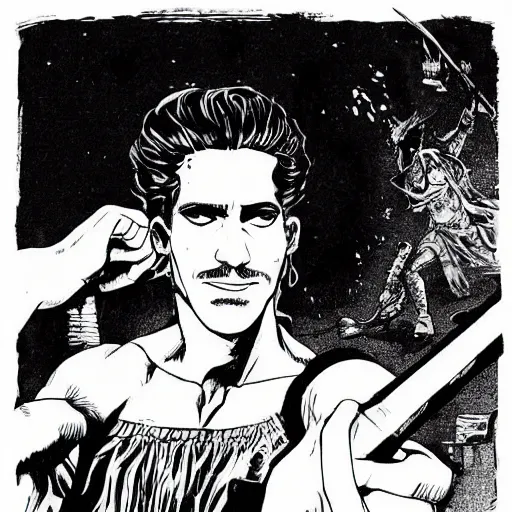 Image similar to pen and ink!!!! attractive 22 year old cyborg Frank Zappa x Ryan Gosling golden Vagabond!!!! magic swordsman glides through a beautiful battlefield magic the gathering dramatic esoteric!!!!!! pen and ink!!!!! illustrated in high detail!!!!!!!! by Hiroya Oku!!!!!!!!! Written by Andrei Tarkovsky graphic novel published on shonen jump MTG!!! 2049 award winning!!!!