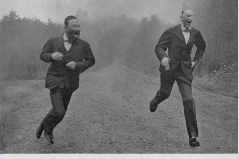 Prompt: old photo of a man running for his life after seeing a monster for the first time, funny