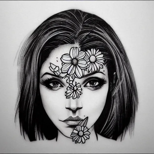 Prompt: tattoo design, stencil, portrait of a girl by artgerm, symmetrical face, beautiful, daisy flower