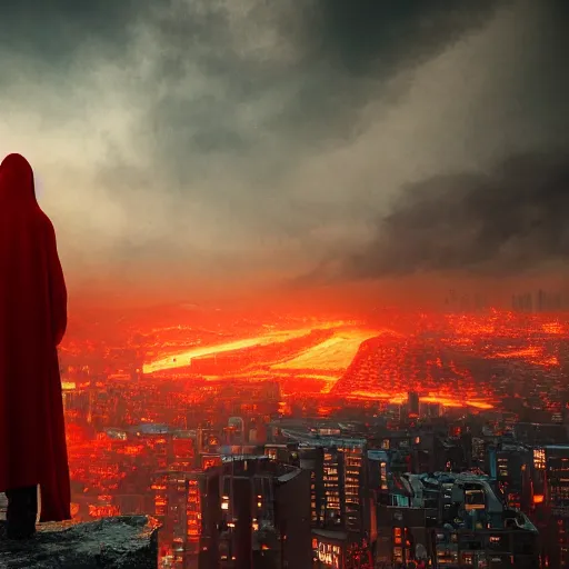 Image similar to Red grim reaper watching over a city in flames, yellow sky, 8k resolution