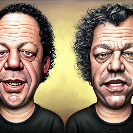 Image similar to Caricature portraits done of Gene Ween and Dean Ween, realistic, hyperrealistic, very realistic, highly detailed, very detailed, extremely detailed, detailed, oil painting, digital art, trending on artstation