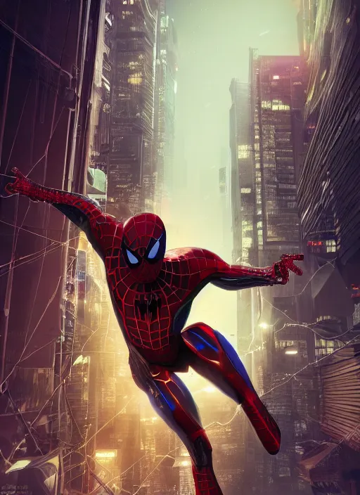 Image similar to cyberpunk spiderman robot ninja illumination ray tracing hdr fanart arstation by sung choi and eric pfeiffer and gabriel garza and casper konefal, potrait, cinematic,