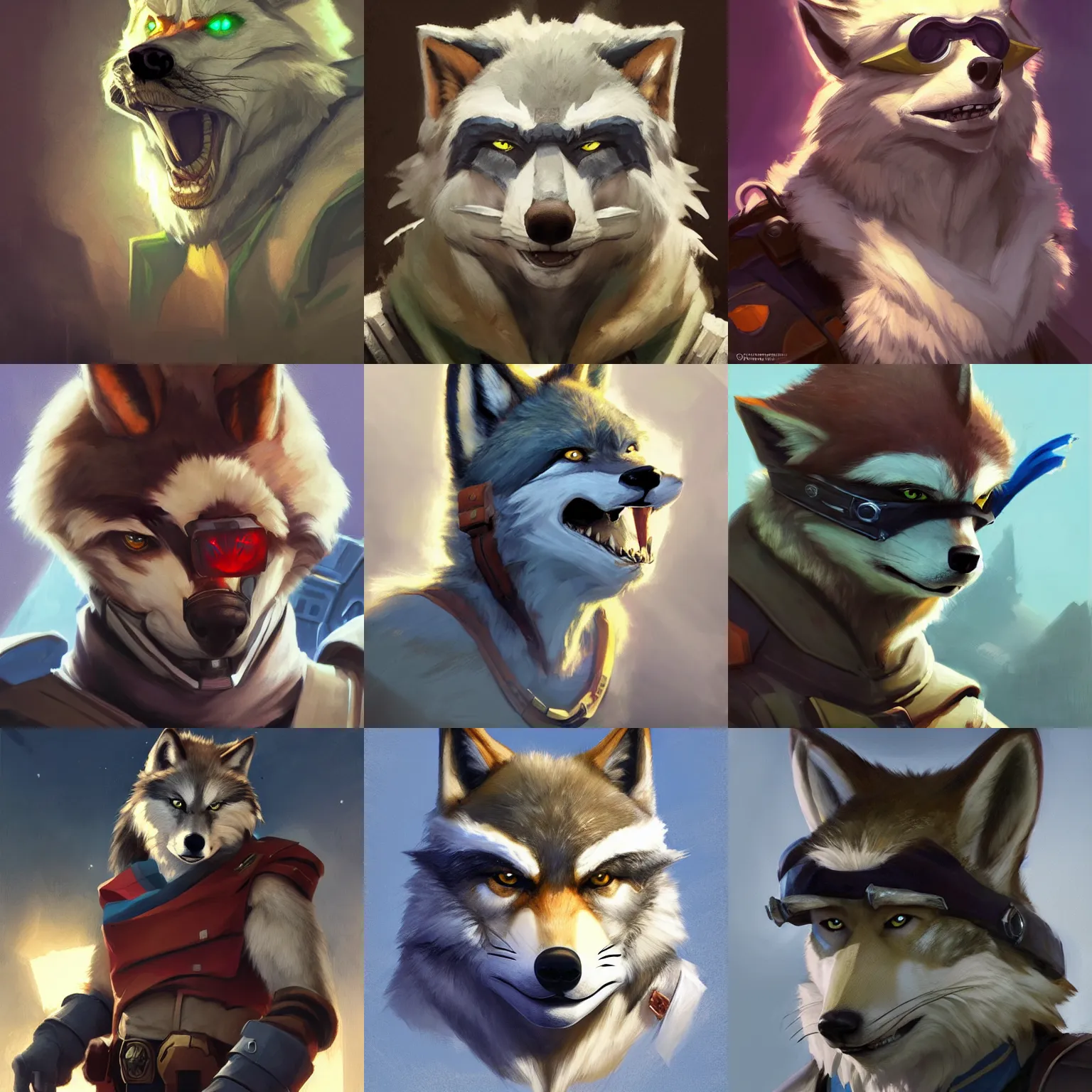 Prompt: a portrait of wolf o'donnell from star fox wearing an eyepatch, artstation, greg rutkowski, gregory manchess, greg hildebrandt, concept art, furry, furaffinity