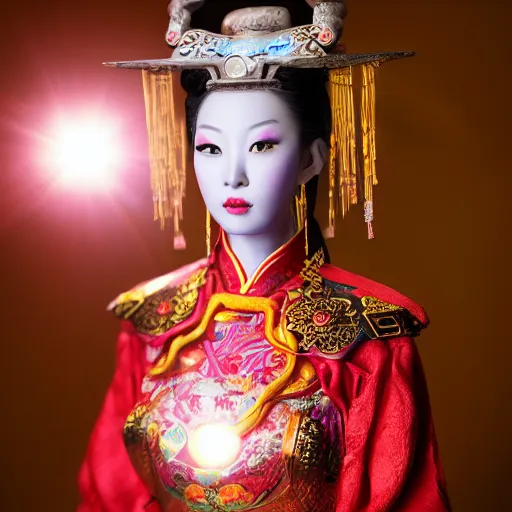 Image similar to photo shoot pose photo of beautiful realistic Chinese ancient princess standing in the corridor in the space ship, attractive symmetrical face, big eyes and lips, subtle makeup, clean face and body skin,ecstatic face expression, ornamental jewelry and ancient translucent clothes, futuristic space ship interrior, wires with lights,depth of field, lens flare, moody lighting, moody photography, old photo, black and white, sepia, cinematic lighting, cinematic angle, editorial photography