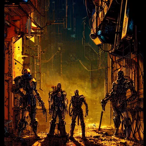 Prompt: cyberpunk knights in an alley of derelict tech, atmospheric lighting, painted, intricate, golden hour, ultra detailed by philippe druillet