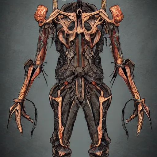 Prompt: exoskeleton made of wood, worn by super strong elf wizard, digital art, very detailed, trending on deviantart