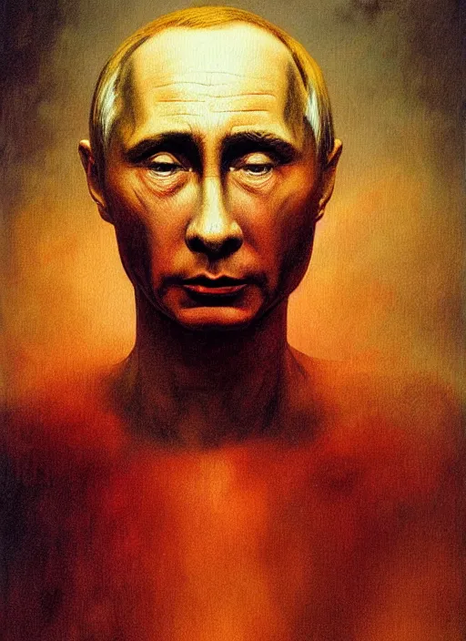 Prompt: Painting in a style of Beksinski featuring Vladimir Putin. Suffering and pain