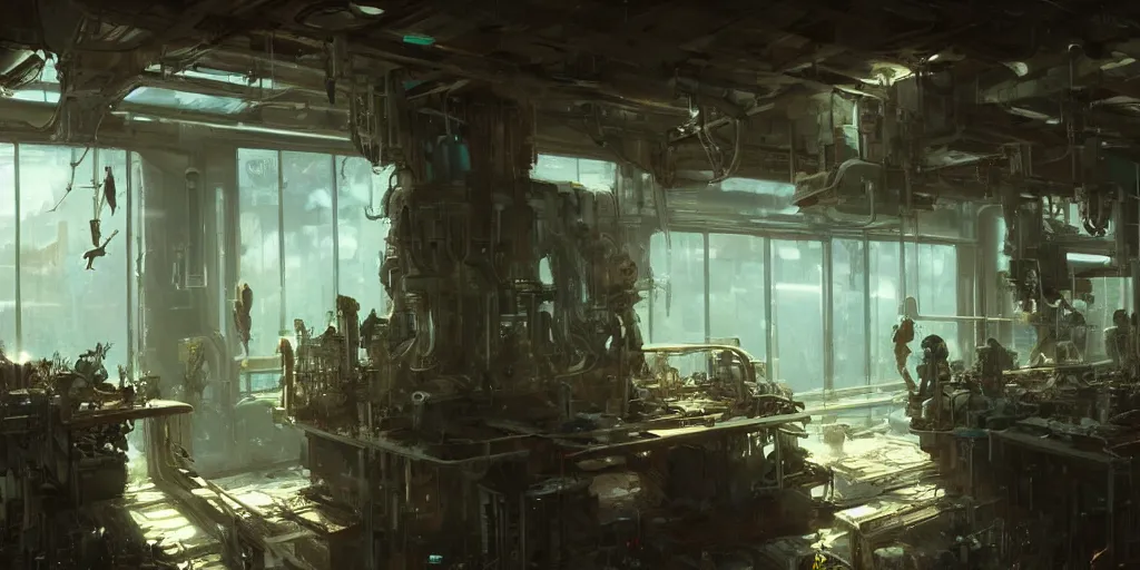 Prompt: extremely detailed portrait of a biopunk laboratory seen from within the sunny window, artstation, cinematic, by greg rutkowski, overrun by rabbits, devastated