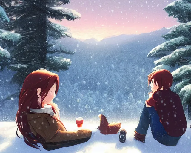 Prompt: a boy and a girl with long flowing auburn hair sitting together on the porch of a cabin on a mountain overlooking a snowy forest. Atmospheric lighting, long shot, romantic, boy and girl are the focus, cold lighting, snowy. Anime. By Makoto Shinkai, Stanley Artgerm Lau, WLOP, Rossdraws, James Jean, Andrei Riabovitchev, Marc Simonetti, krenz cushart, Sakimichan, D&D trending on ArtStation, digital art.