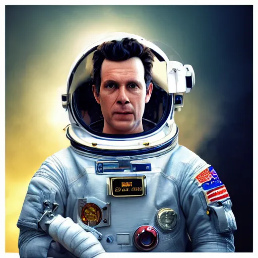 Image similar to hyperrealistic image of ace ventura pet detective astronaut, stunning 3 d render, inspired by istvan sandorfi & greg rutkowski & unreal engine, perfect symmetry, dim volumetric cinematic lighting, 8 k octane comprehensive render, extremely hyper - detailed, incredibly lifelike attributes, intricate, real flesh texture, masterpiece, artstation, stunning,