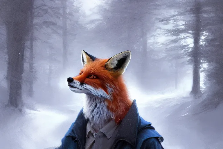 Prompt: portrait of a fox wearing blue coat stood outside a school, trending on artstation, highly detailed, digital painting, volumetric light, concept art, middle focus, illustration, lighting by Marc Adamus, daren bader, aleksi briclot, rutkowski, bouguereau