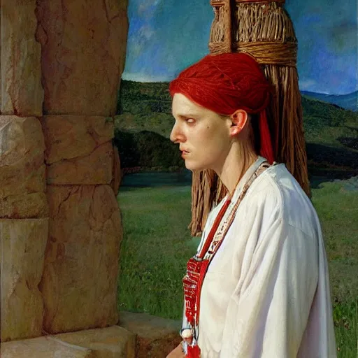 Prompt: portrait of a priestess, wearing all - white clothes, and a red helmet, by donato giancola and berthold woltze.