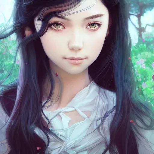 Image similar to a beautiful girl with long black hair, royal garden background, sharp focus, intricate, digital painting, artstation, highly detailed, ambient lighting, portrait by Studio Ghibli, Makoto Shinkai, Rossdraws, artgerm, Ilya Kuvshinov, and Greg Rutkowski