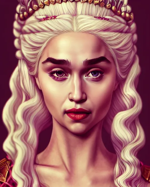 Image similar to closeup portrait beautiful seductive daenerys targaryen with long blonde windblown hair in an ornate royal dress, standing on a street in chinatown, pink lipstick, glamour pose, detailed illustration, digital art, trending on artstation, arney freytag, frank miller, moebius, graffiti, gta v,