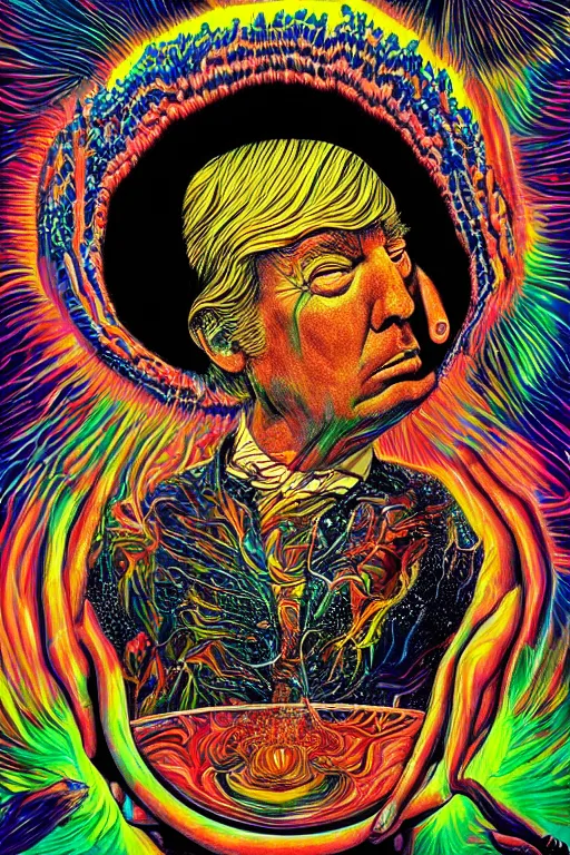 Image similar to psychedelic portrait of trump drinking ayahuasca in a wormhole, by alex gray, psychedelic