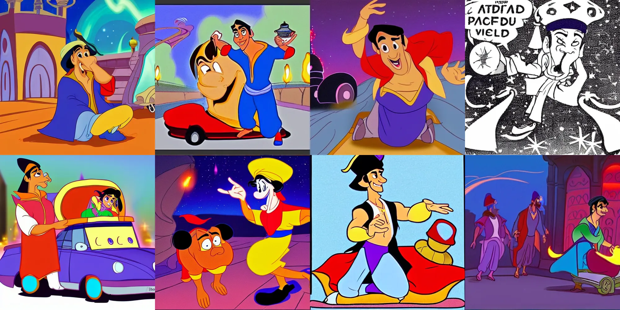 Prompt: Visibly inebriated Aladdin pulled over by the police with his magic carpet on a highway in the middle of the night, dimmly lit, Disney cartoon