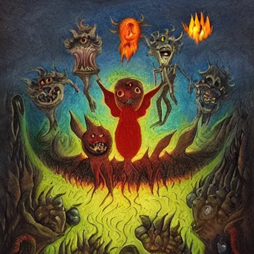 Prompt: repressed emotional monsters and creatures starting a fiery revolution in the psyche, in the style of Johfra and Shaun Tan