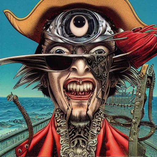 Image similar to portrait of crazy pirate with patch on one eye, symmetrical, by yoichi hatakenaka, masamune shirow, josan gonzales and dan mumford, ayami kojima, takato yamamoto, barclay shaw, karol bak, yukito kishiro