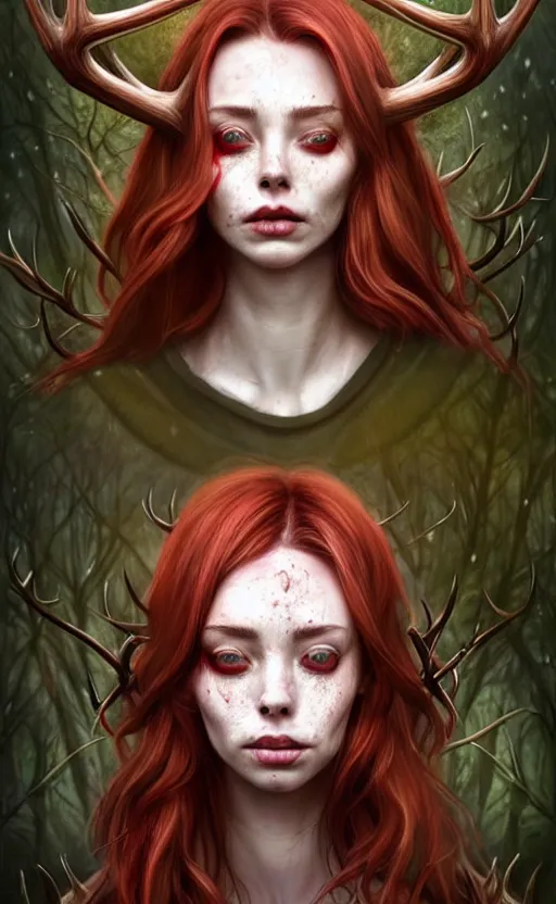 Image similar to surrounded by trees, full body realistic character concept, gorgeous Kacey Rohl, red hair, small freckles, Wendigo creature antlers deer skull face, symmetrical face, symmetrical eyes, covered in blood, dark forest, trees, shorter neck, cinematic lighting, Joshua Middleton and artgerm, fear anxiety terror