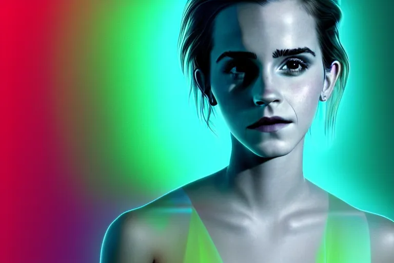 Prompt: photo of Emma Watson (((neon lighting)) in chromatic dmt dmt sprititual temple with DISPACEMENTS Displacements, elegant, highly detailed, smooth, sharp focus, illustration, beautiful, geometric, trending on artstation, cinematic, artwork by WLOP