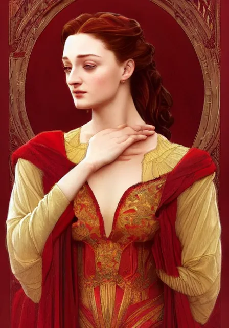 Image similar to sansa stark in red and gold, intricate, elegant, highly detailed, digital painting, artstation, concept art, smooth, sharp focus, illustration, art by artgerm and greg rutkowski and alphonse mucha and william - adolphe bouguereau