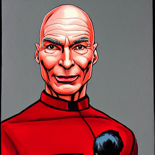 Image similar to a hyper real comic book style portait painting of captain picard with a red dress and lipstick