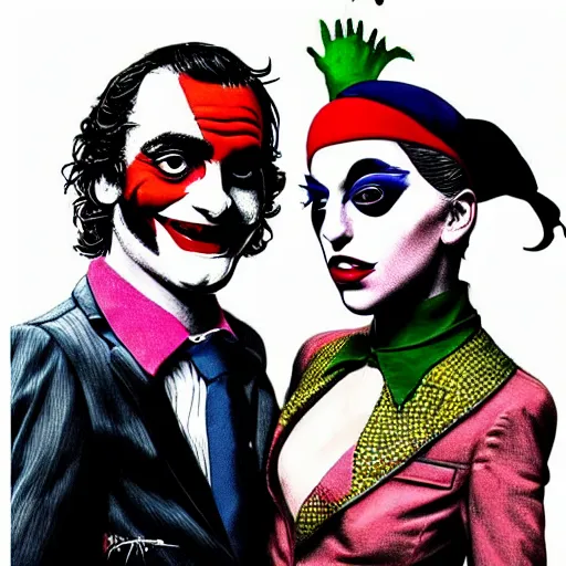 Prompt: mimmo rottela and banksy as joaquin phoenix skinny joker holding hand lady gaga harley queen, photorealistic, intricate details, pop art style, baroque, hyperdetailed, concept art, ultrarealistic, 3 colors