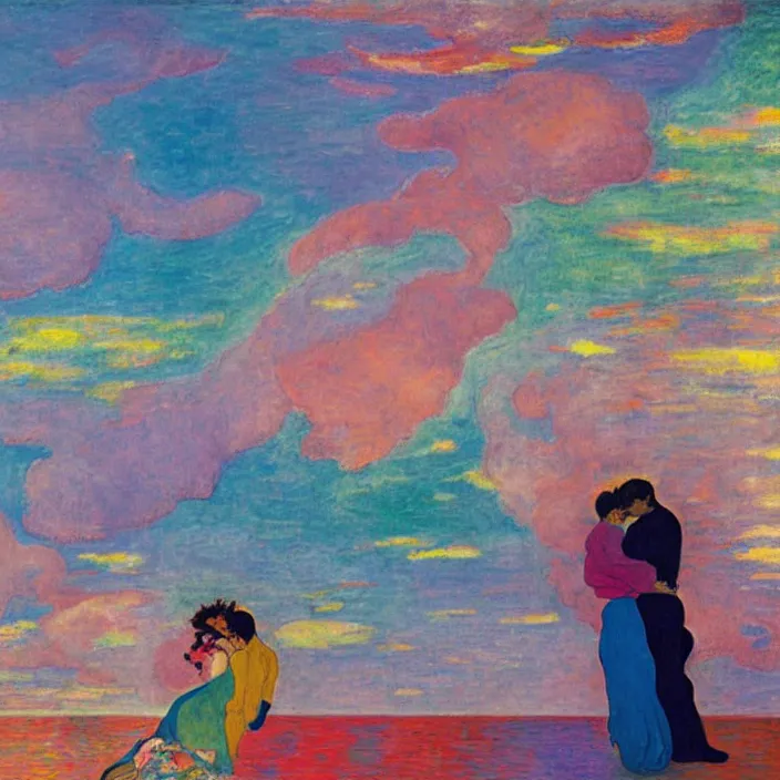Prompt: close view of woman and man kissing. seaside with tall waves, sun setting through the storm clouds. iridescent, vivid psychedelic colors. painting by agnes pelton, egon schiele, henri de toulouse - lautrec, utamaro, matisse, monet