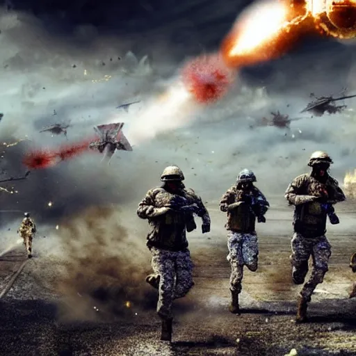 Prompt: hyper realism, realistic apocalyptic war scene, explosions, science - fiction soldiers running, bullet storm