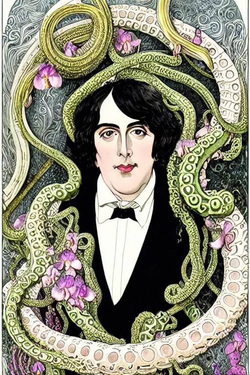 Image similar to realistic portrait of oscar wilde in the center of an ornate tentacle frame with orchids, detailed art by kay nielsen and walter crane, illustration style, watercolor