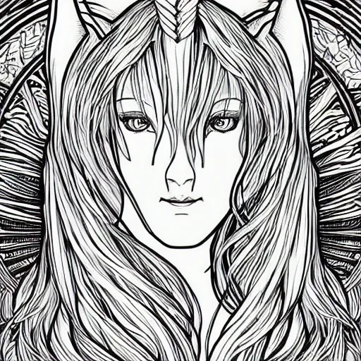 Image similar to clean simple line art of a cute beautiful unicorn. no background. well composed, clean coloring book page. coloring book line art by artgerm and greg rutkowski and alphonse mucha