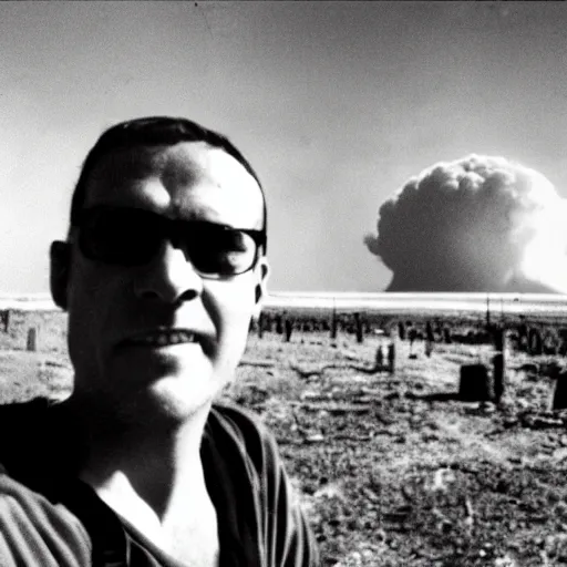 Prompt: last human selfie,horror , nuclear explosion in background