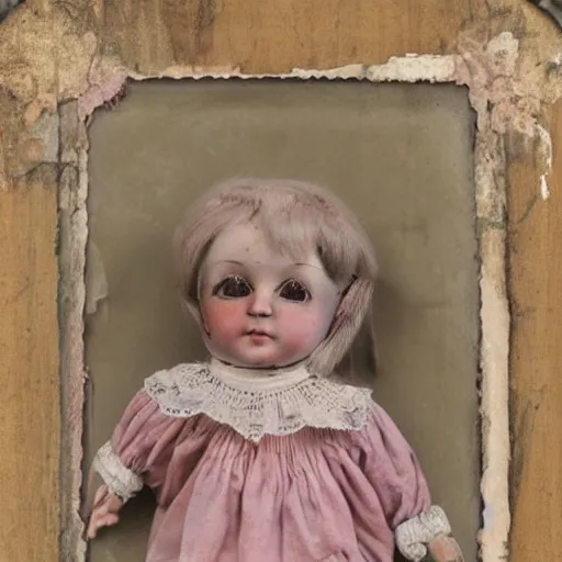 Prompt: A sweet, sad, beautifully shabby antique composition baby doll. She has unusually expressive tin litho sleep eyes, that look as if they’ve seen a world of melancholy.