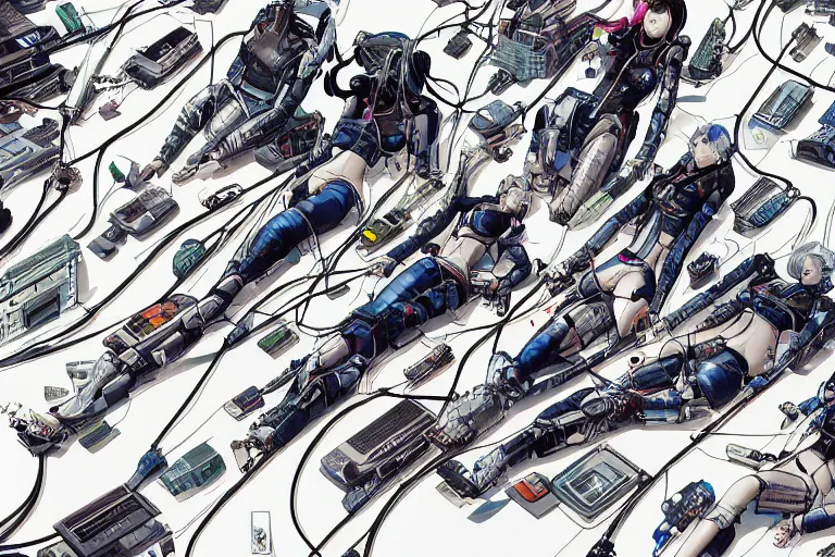 Prompt: a cyberpunk illustration of a group of female androids in style of masamune shirow, lying on an empty, white floor with their bodies scattered around in different poses and cables and wires coming out, by yukito kishiro and katsuhiro otomo, hyper-detailed, intricate, view from above