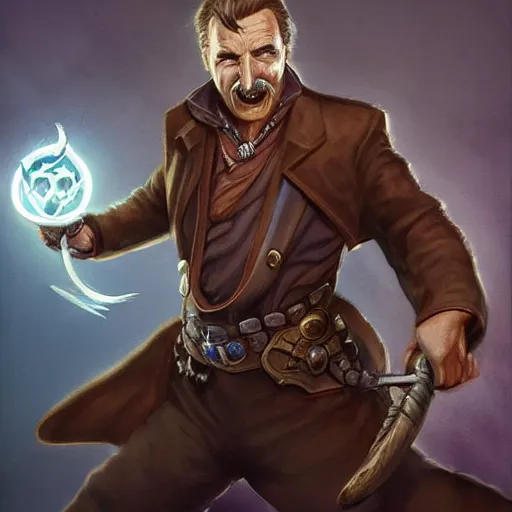 Image similar to Mustachioed Liam Neeson as Burl Gage, Antimage, casting Eldritch Bolt, iconic Character illustration by Wayne Reynolds for Paizo Pathfinder RPG