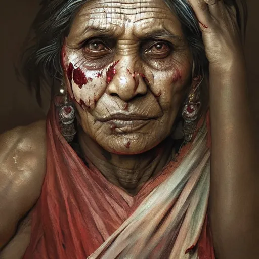 Prompt: portrait painting of a muscular bloodied indian old woman lower back, ultra realistic, concept art, intricate details, eerie, highly detailed, photorealistic, octane render, 8 k, unreal engine. art by artgerm and greg rutkowski and alphonse mucha