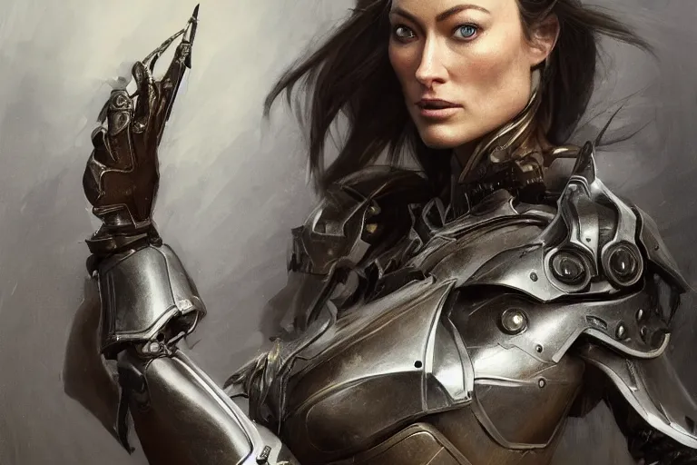 Image similar to a finely detailed portrait of Olivia Wilde, clothed in battle armor, olive skin, long dark hair, beautiful bone structure, symmetrical facial features, intricate, elegant, digital painting, trending on Artstation, concept art, smooth, sharp focus, illustration, from Metal Gear by Ruan Jia and Mandy Jurgens and Artgerm and Greg Rutkowski, award winning