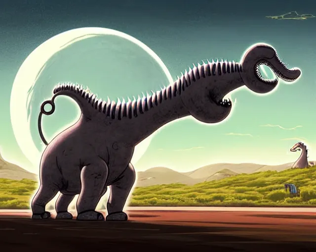 Image similar to a cell shaded cartoon giant grey lovecraftian mechanized brontosaurus from howl's moving castle ( 2 0 0 4 ), with a big head, on a desert road, wide shot, in front of a big moon, muted colors, post grunge, josan gonzales, wlop, by james jean, victor ngai, hq, deviantart, art by artgem