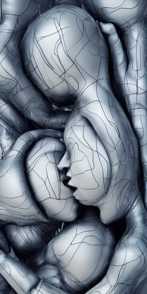 Prompt: bodies made of scifi futuristic utopian greebles, closeup photograph of two abstract beautiful human bodies in a loving embrace, no face, highly detailed, hyperrealism, anamorphic bokeh, long exposure photography