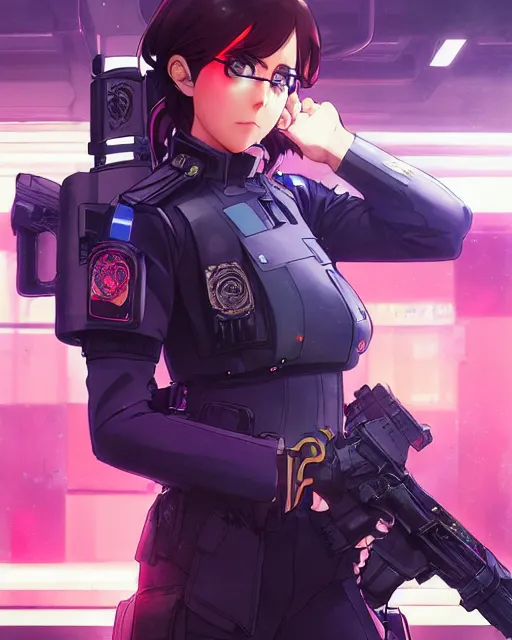 Image similar to anime key visual of elizabeth olzen as a police officer, neon, cyberpunk, futuristic, stunning, highly detailed, digital painting, artstation, smooth, soft focus, illustration, art by artgerm and greg rutkowski and alphonse mucha