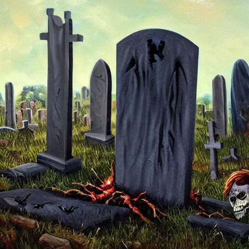 Prompt: oil painting graveyard tombstones, bats, halloween scene, scary, zombie's, high detail, dark scene